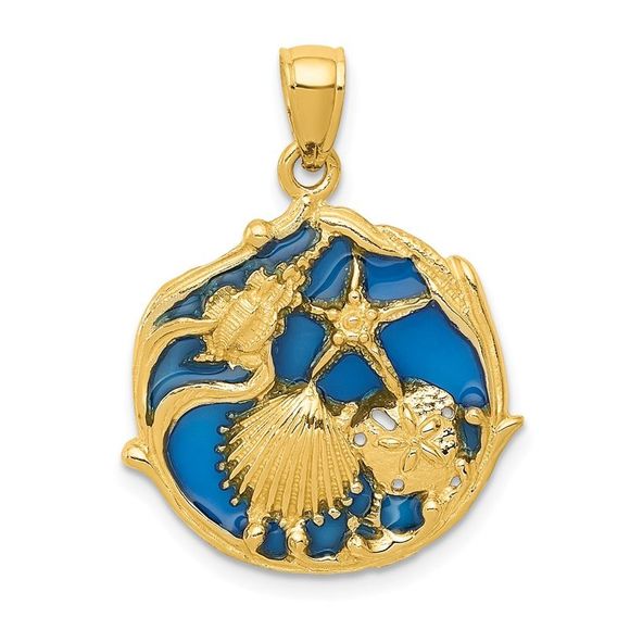 14k Yellow Gold Blue Stained Glassed Cluster Shell Necklace - 18 Inch